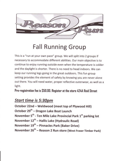Tuesday Trail Group Schedule Oct.22nd - Nov. 26th